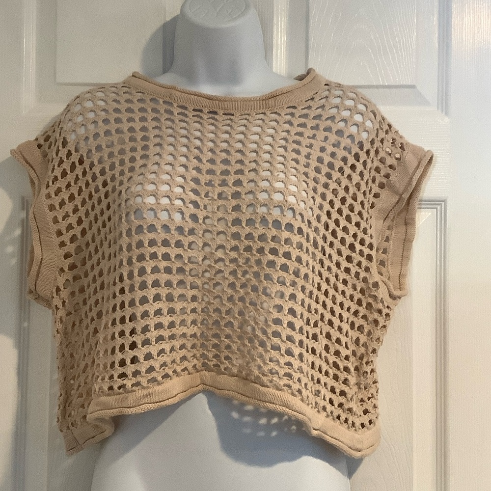 STEVE MADDEN Womens Beige Neutral OpenKnit Cropped Coastal Cowgirl Mesh Top L
